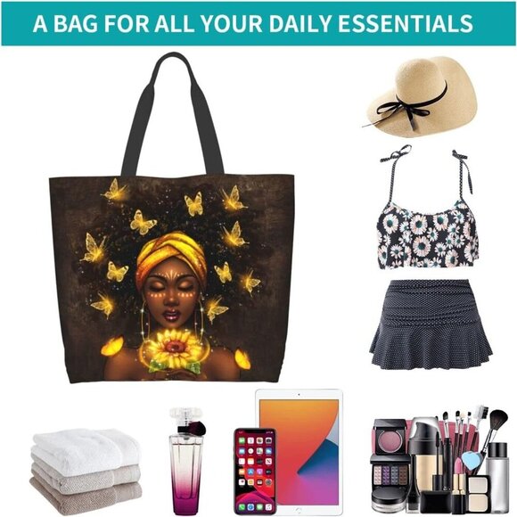 Women Tote Bag Black Water-Resistant Polyester Large Capacity Shoulder Purse - Picture 5 of 6